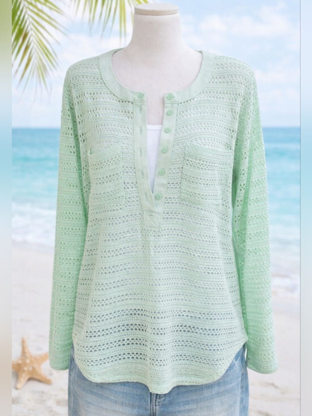 Ann Taylor Mint Green Open Knit Sweater XL Sheer Lightweight Beach Layer Summer